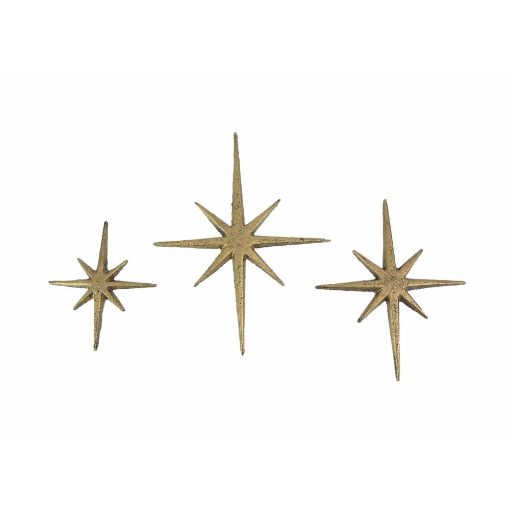 Set Of 3 Gold Finish Cast Iron 8-pointed Atomic Starburst Wall Hangings -😊